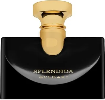 A close-up shot of a black perfume bottle with a gold cap.
