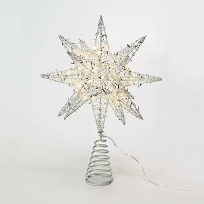 Produktbild von ACA Beleuchteter silberner Stern für den Weihnachtsbaum, 20 Mini-LEDs (WW), Betrieb mit 3 AA-Batterien, Schutzart IP20, 28 x 5 x 20 cm, X112011282