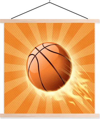 Produktbild von MuchoWow® Textilposter Eine orangefarbene Illustration eines Basketballs, der Geschwindigkeit macht 60x60 cm mit holzfarbenen Rahmen - Wanddekoration