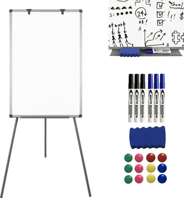 Produktbild von XMTECH Flipchart mit Stativ - 60 x 90 cm, höhenverstellbar, Staffelei, Stiftablage, Präsentationstafel, weiße Magnettafel, mit zahlreichem Zubehör - Magnetisches Whiteboard