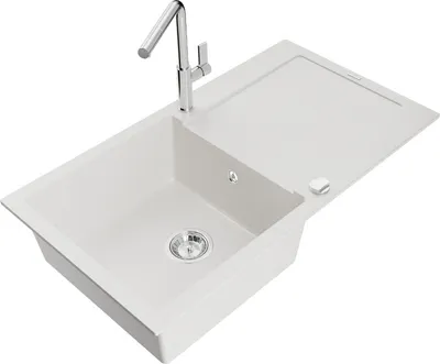 Produktbild von Mexen Leo 1 Becken-Granitspüle mit Abtropffläche und Mischbatterie Flora, Weiß - 6501-20-670401-00
