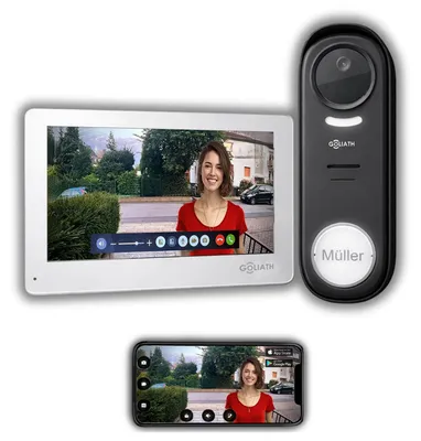 Produktbild von GOLIATH® Funkklingel mit Kamera & Gegensprechanlage [HaLow Technologie] - Türklingel mit Full HD Kamera & Monitor - Video Sprech - & Klingelanlage mit Türöffner - Videotürklingel ohne Kabel