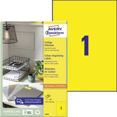 Produktbild von Avery Zweckform 3473 Farbige Etiketten, A4, 210 x 297 mm, 100 Bogen/100 Etiketten, gelb