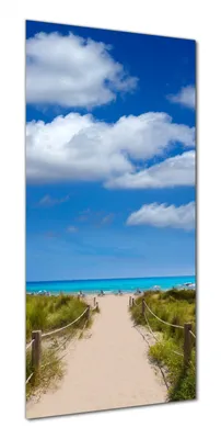 Produktbild von Wallario selbstklebende Duschrückwand 70 x 190 cm mit Motiv Sandweg zum blauen Meer mit blauem Himmel - Wandverkleidung mit Hochglanzlaminat in Glasoptik