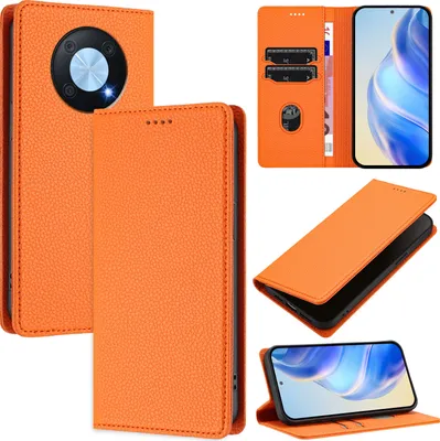 Produktbild von Litchi Leder Handyhülle für Huawei Nova Y90 Wallet Kartenfächer Standfunktion Hülle Orange