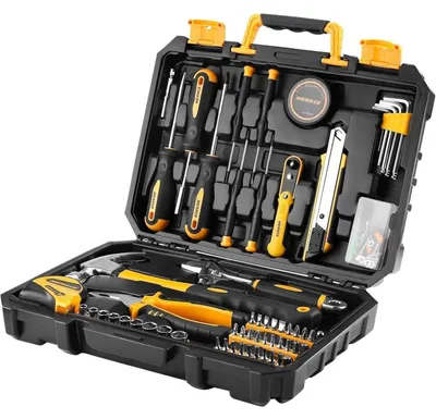 Immagine prodotto di Kit di attrezzi da 100 pezzi per uso domestico e per lavori di bricolage, con custodia in plastica