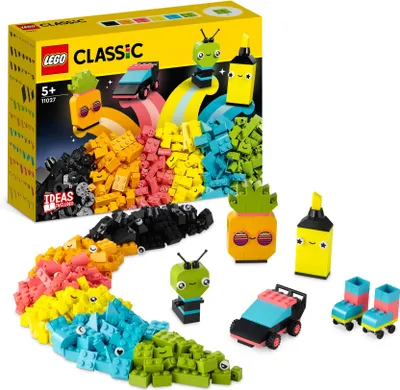 Produktbild von LEGO 11027 Classic Neon Kreativ-Bauset, Bausteine-Kiste Set, Konstruktionsspielzeug mit Modellen; Auto, Ananas, Alien, Rollschuhe, Figuren und mehr, für Kinder ab 5 Jahren