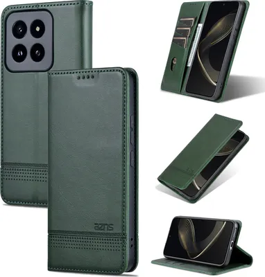 Produktbild von Leder Hülle für Xiaomi 14 Pro, Klapphüllen Brieftasche Magnetverschluss Ständer Schutzhülle Grün