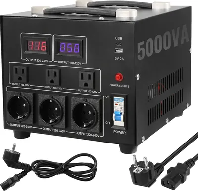 Zdjęcie produktu dla Transformator napięcia SucceBuy 5000W AC 110V⇋220V z 3 amerykańskimi gniazdami NEMA 5-15R, 3 europejskimi gniazdami Schuko, 1 portem USB i 1 gniazdem typu C
