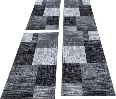 Produktbild von Kurzflor Läuferset Teppich 3-teilig Bettumrandung Läufer Grau Schwarz meliert, Farbe:Schwarz, Bettset:2 mal 80x150 cm + 1 mal 80x300 cm