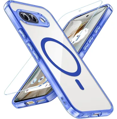 Image de Coque de protection pour Google Pixel 9a, compatible MagSafe, en verre trempé, antichoc, transparente, de couleur bleue