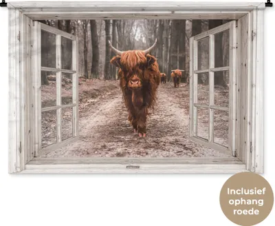 Produktbild von MuchoWow® Wandteppich Wandbehang Ansicht - Schottisches Hochlandrind - Fenster 150x100 cm Tapisserie Dekoration Wandtuch - Waschbar - Tapisserien - Wand-Decke