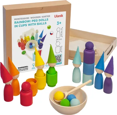 Image de Ulanik Montessori Jouets en bois Poupées arc-en-ciel à emboîter dans des tasses avec bonnets pointus et balles