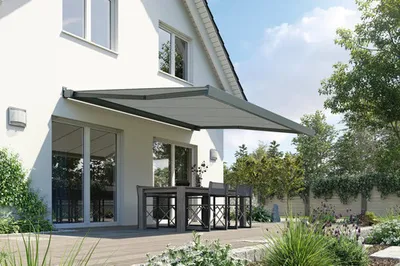 Produktbild von SOLUNA Kassettenmarkise Modern 3,5x1,5 Stoff Dessin S3581 Gestell RAL 7016 anthrazitgrau Antrieb rechts inkl. Motor und