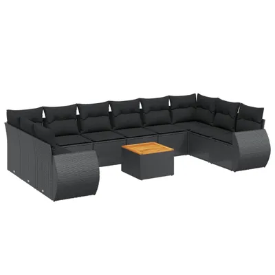 Produktbild von 11-tlg. Garten-Sofagarnitur mit Kissen Schwarz Poly Rattan