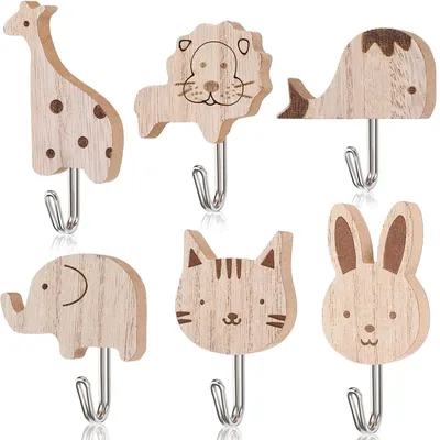 6er Set süße Tier-Holz-Haken für Kinderzimmer, Bad & Küche