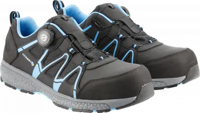 A pair of black and blue safety shoes.