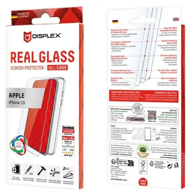 Produktbild von Displex Panzerglas + Schutzhülle für Apple iPhone 15, Eco-Montagerahmen, kratzer-resistent, Apple, iPhone 15, Trockene Anwendung, Schlagfest, Kratzresistent, Staubresistent, Transparent, 1 Stück(e)
