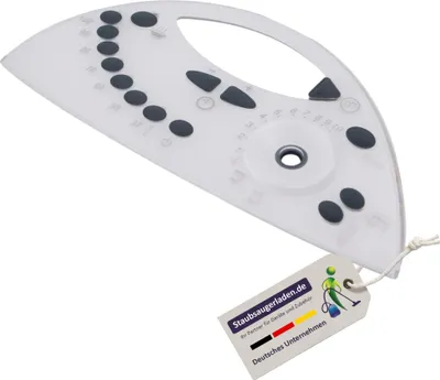 A white control panel with gray buttons and markings, attached to a white background with a product tag.