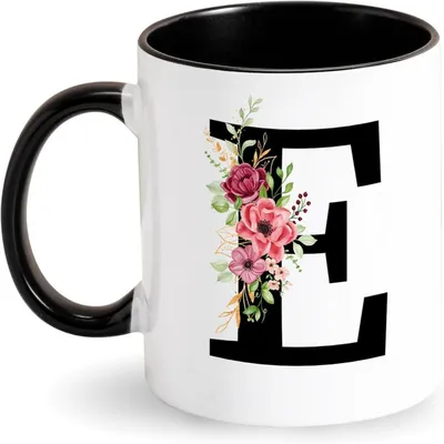 Produktbild von Kaffeetasse Buchstabe K mit Blumen Initial Keramik 350ml Schwarz