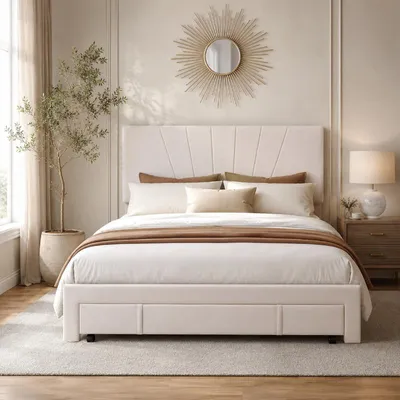 Produktbild von ProximaX Polsterbett 140x200 cm Samt Beige mit Stauraum, höhenverstellbarem Kopfteil & Lattenrost