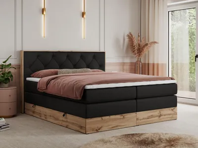 Obrázek produktu pro Boxspring kontinentální postel VENETO KING kombinace dřeva a látky - 180x200 cm - Multipocket H4|Černá - Topper T25