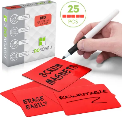 Produktbild von 2DOBOARD Beschreibbare Magnete - 7,5 x 7,5 cm Rot - 25 Stück - Kanban Magnete, Scrum Magnetische Karten oder Magnetstreifen beschreibbar für Whiteboard und Kühlschrank (Rot)