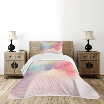 Produktbild von ABAKUHAUS Bunt Tagesdecke Set, Abstrakte verträumte Fantasie-themenorientierte Aquarell-Digital-Malerei-Grafik-romantisches Design, 170 x 220 cm, Mehrfarbig