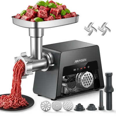 Image de AIRMSEN, hachoir électrique, 2500 W, 3-en-1 avec trancheuse à légumes, système de remplissage pour saucisses, 3 disques de découpe, panneau detactile, protection contre la surchauffe, couleur noire