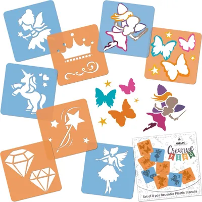 Produktbild von Schablonen Malen für Kinder, 8 Stück Set 15x15 cm Feen Sagen, Kinder Kreatives Zeichenschablonen, Kunststoff Wiederverwendbar Malschablone