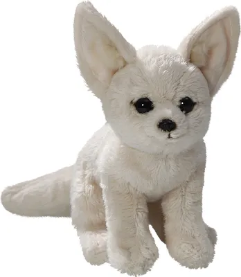 A plush toy fennec fox sitting on a white background.