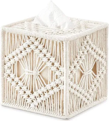 Produktbild von Handgewebte, quadratische Tüchenschublade, offen unter der Vorderseite, Dekoration in Boho-Stil, Tüchenschublade, Boho-Stoff, handgefertigt, für Badezimmer, Schlafzimmer, Frisiertisch, Wohnzimmer.