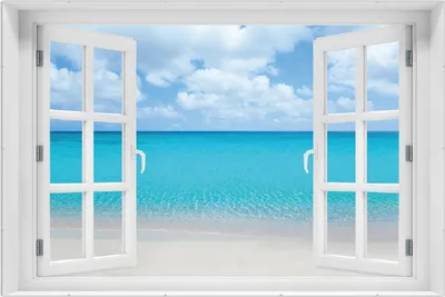 Produktbild von Wallario Wandbild mit Fenster-Illusion: Sandstrand und blaues Meer, Größe: 61 x 91,5 cm, Poster mit rahmenlosen Bildhalter