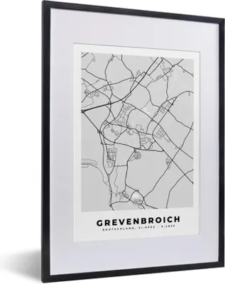 Produktbild von MuchoWow® Gerahmtes Poster Karte - Grevenbroich- Deutschland - Stadtplan 30x40 cm - Poster mit Schwarzem Bilderrahmen Wandposter Rahmen Foto Bilder - Wandposter Schlafzimmer