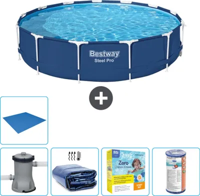 Produktbild von Bestway Round Steel Pro Swimmingpool – 396 x 84 cm – Blau – inklusive Pumpe Sonnensegel - Wartungspaket - Filter - Bodenplane