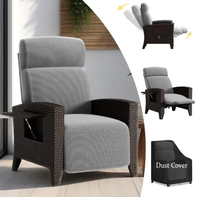 Produktbild von Rattan-Gartenstuhl - Loungestuhl - Garten-Sessel - Gartenmöbel - Mit ausklappbarem Seitentisch auf der rechten Seite