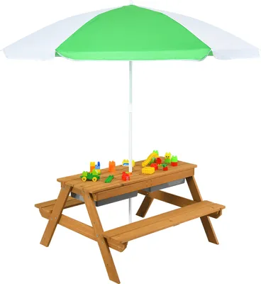 Produktbild von COSTWAY 3 in 1 Kinder Picknicktisch mit Sonnenschirm & Bänke, Kindersitzgruppe aus Holz mit Abnehmbarer Tischplatte & 2 Spielboxen, Sitzgarnitur Kindermöbel-Set für Garten, Hinterhof, Terrasse (Weiß)