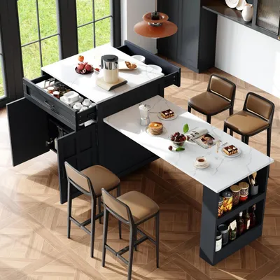 Immagine prodotto di Tavolino allungabile con spazio contenitivo, bancone da cucina con vani e cassetto, colore nero, dimensioni 133-202x70x93,5 cm