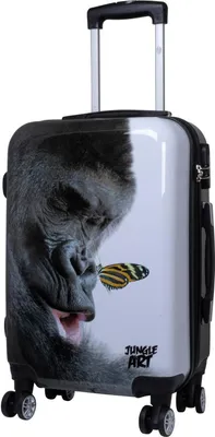 A close-up, front-facing view of a rolling suitcase with a gorilla and butterfly graphic.