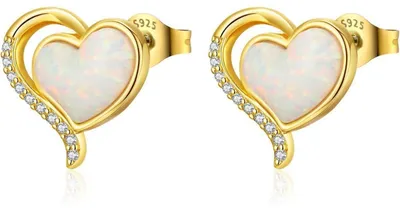 Productafbeelding van Oorbellen voor dames, hartvormig, zilver (925), verguld, met synthetisch opaal, goudkleurig, 12mm