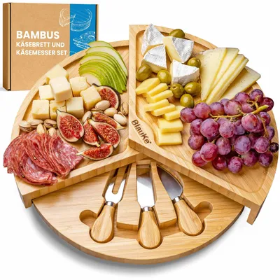 Image de BlauKe® Plateau à fromage en bambou avec couteau à fromage - 37cm Plateau de service rond en bois - Plateau tournant en bois, Plateau à fromage tournant - Idée cadeau