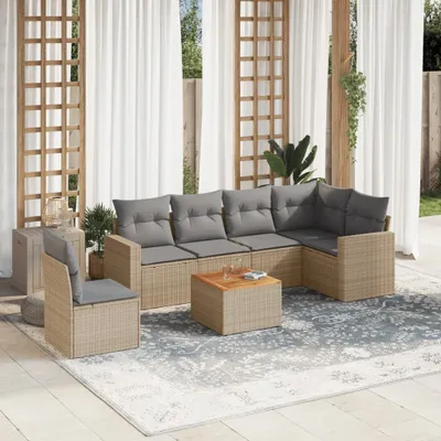 Produktbild von Design 7-tlg. Garten-Sofagarnitur mit Kissen Beige Poly Rattan, Gartenmöbel-Sets 2024 Neu