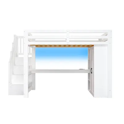 Produktbild von Flieks Etagenbett 140x200cm mit Kleiderschrank, Kinderbett mit Led, Hochbett mit Schreibtisch & Regal, Holzbett Doppelbett mit Rausfallschutz, Weiß