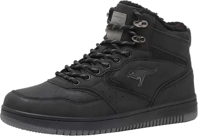 A black high-top boot with laces and a kangaroo logo.