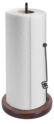 Image de Porte-rouleau de cuisine sur pied avec bras anti-roulement, porte-rouleau de papier pour plan de travail, porte-rouleau de cuisine avec socle en bois massif