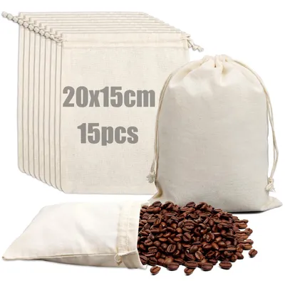 Productafbeelding van Katoenen zakjes - Met trekkoord - Voor opslag - 20x15 cm - 15 stuks