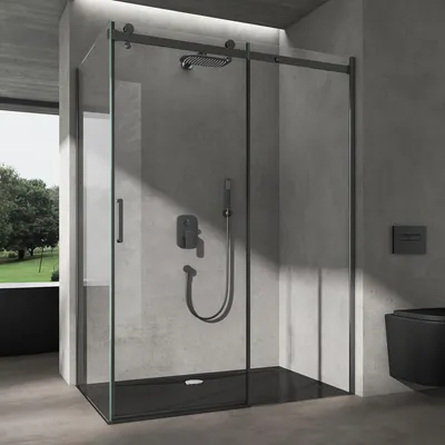 Image de doporro Cabine de Douche Noir en Angle Montage Réversible 90x120x195cm Porte Coulissante avec Amortisseur Verre de Sécurité Transparent 8mm Ravenna19