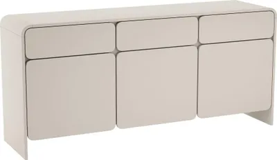 A neutral studio shot of a gray sideboard.