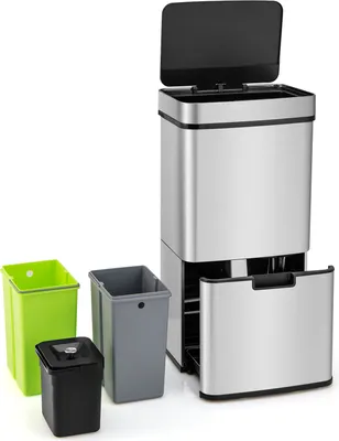 Zdjęcie produktu dla Kosz na śmieci COSTWAY 72L 4 komory, elektryczny kosz na śmieci z czujnikiem, system segregacji odpadów 2x11L+3,5L+46,5L, kuchenny kosz na śmieci z miękkim zamknięciem