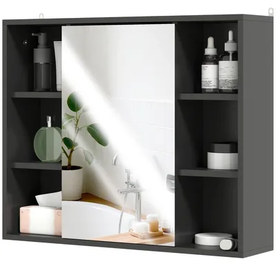 Zdjęcie produktu dla Szafka łazienkowa - Szafka z lustrem do montażu na ścianie - 6 otwartych przegródek - 60x14,5x49,4 cm - Rama drewniana - Czarny kolor
